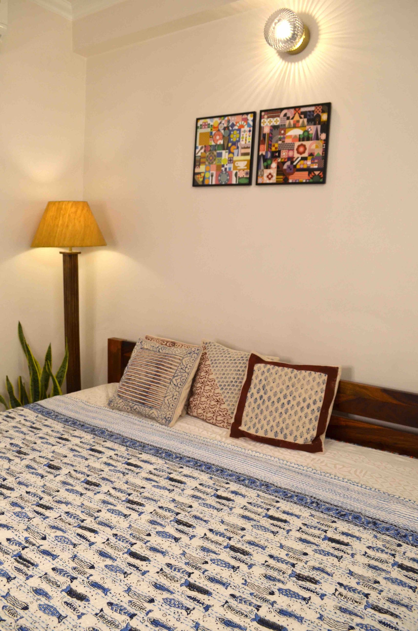 Blue Fishes Hand Block Print Double Bed Queen Hand Embroidered Bedspread/ Dohar - Nakhrro
