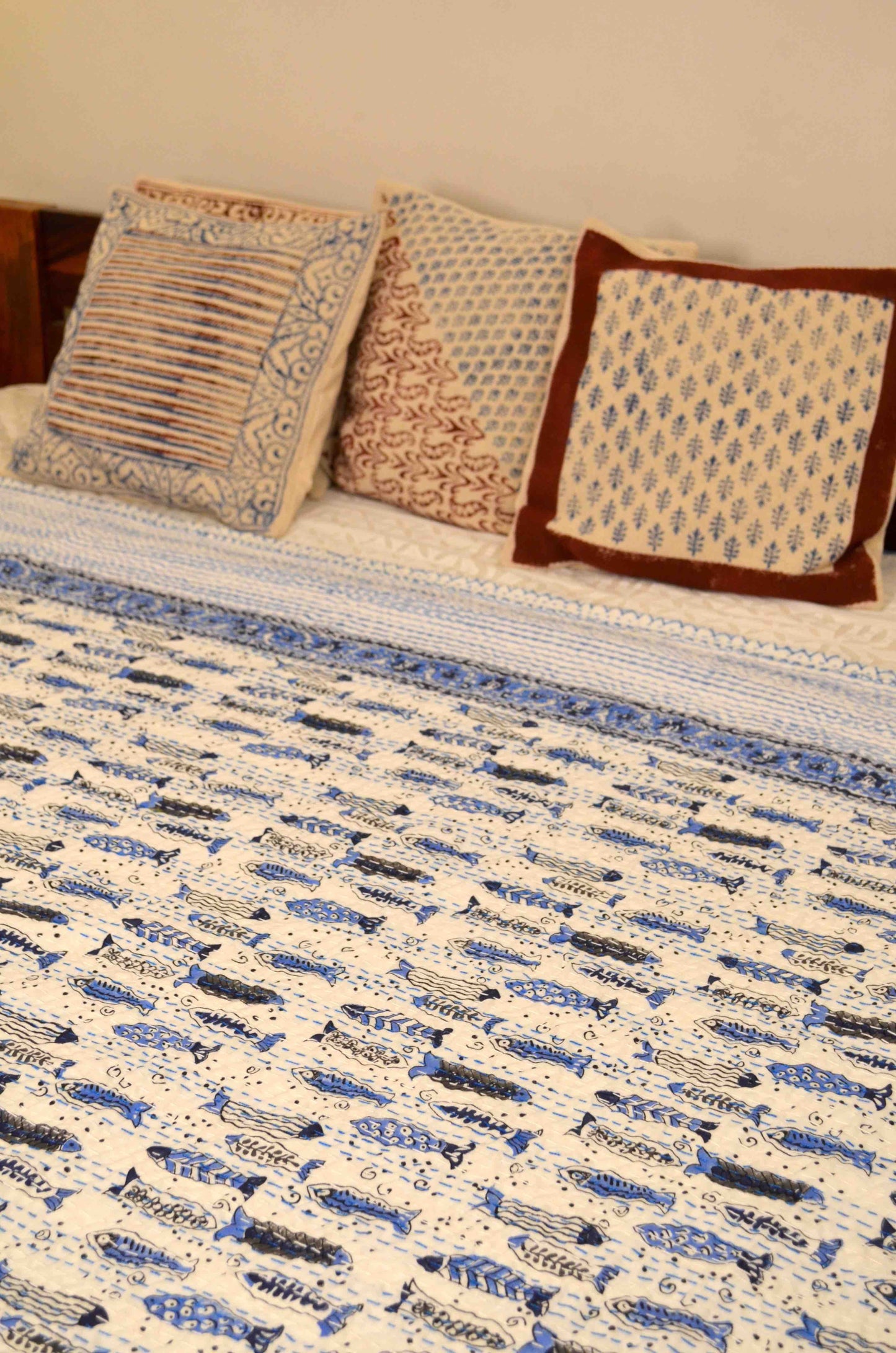 Blue Fishes Hand Block Print Double Bed Queen Hand Embroidered Bedspread/ Dohar - Nakhrro