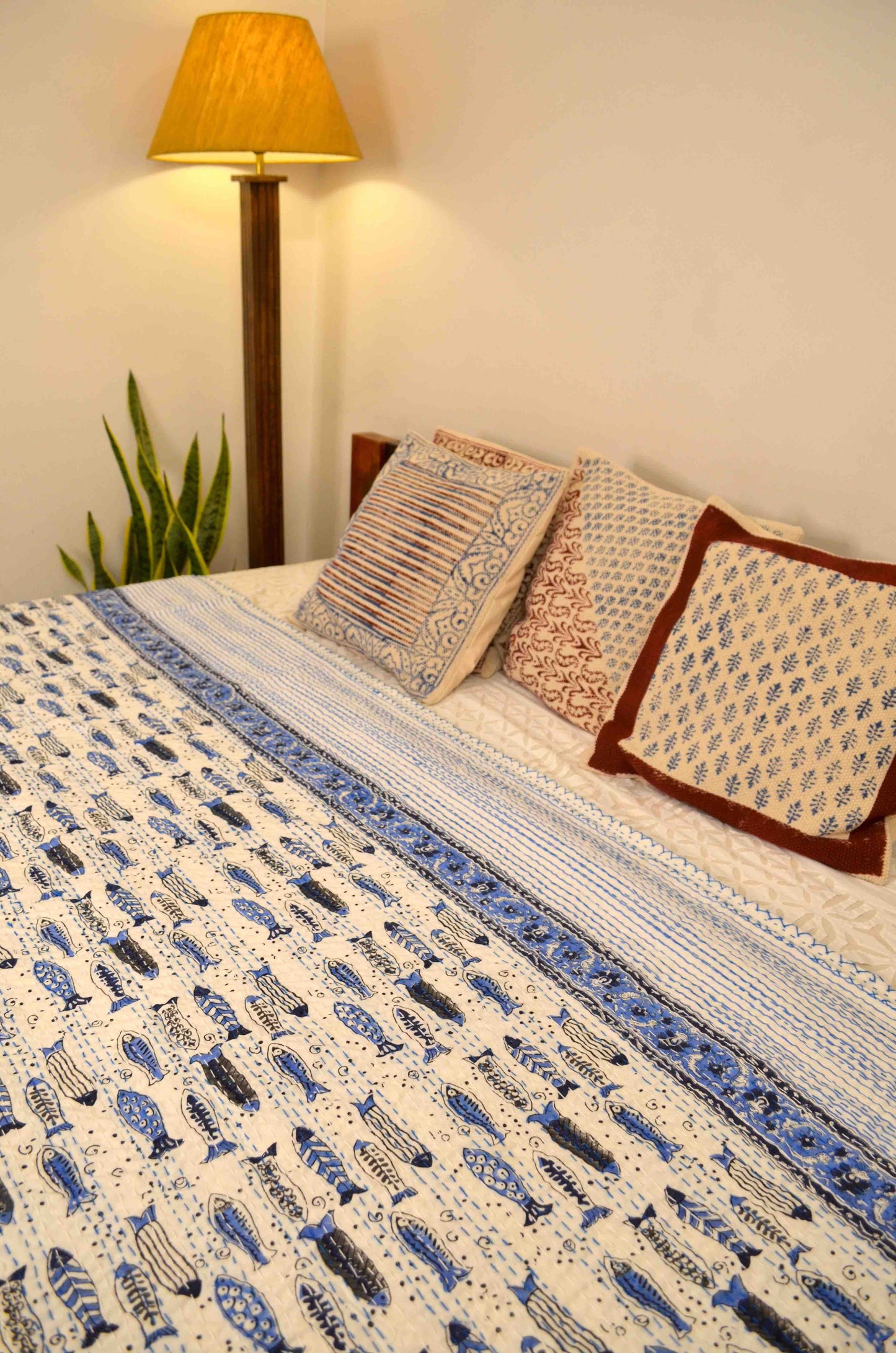 Blue Fishes Hand Block Print Double Bed Queen Hand Embroidered Bedspread/ Dohar - Nakhrro