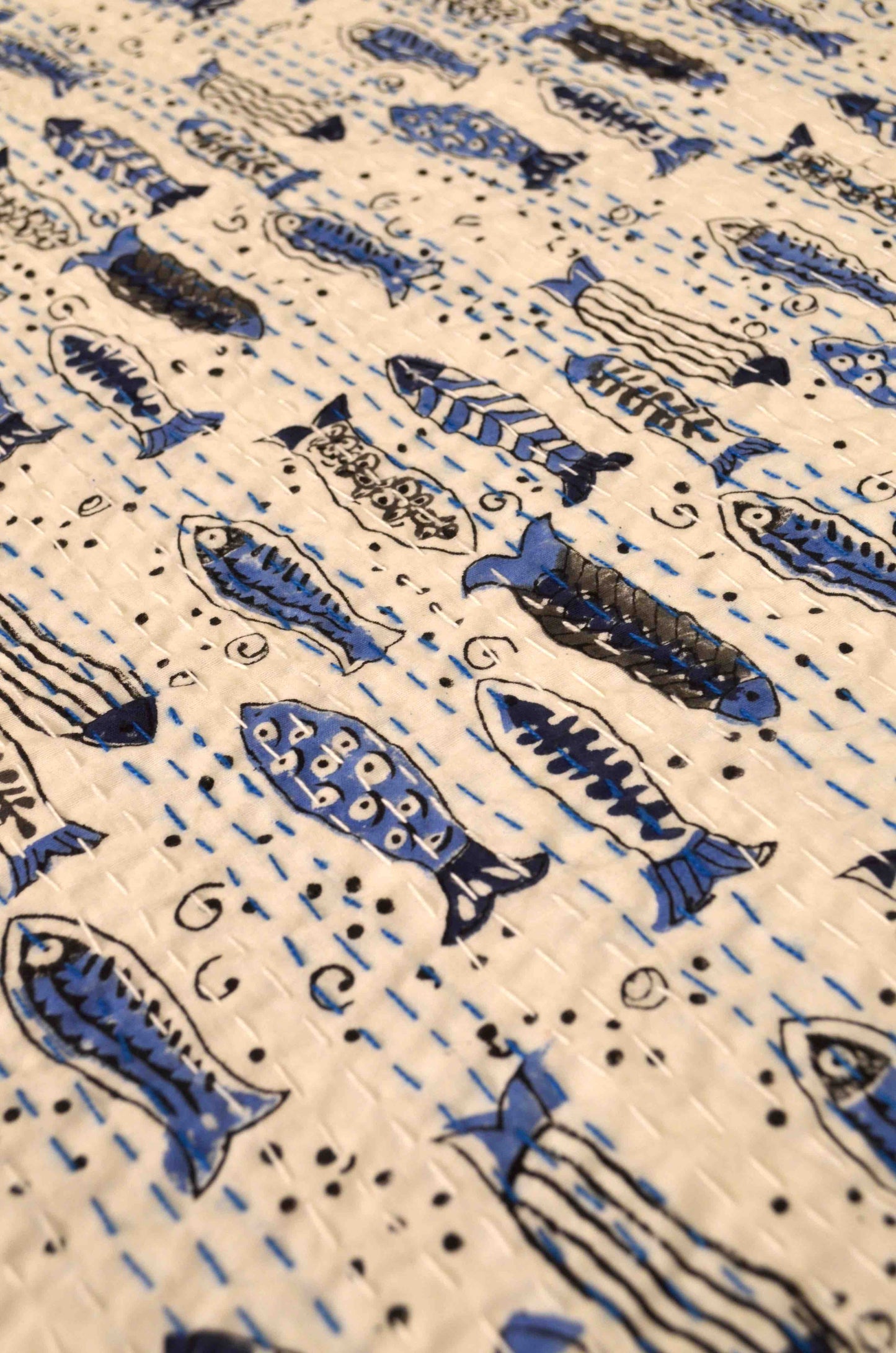 Blue Fishes Hand Block Print Double Bed Queen Hand Embroidered Bedspread/ Dohar - Nakhrro