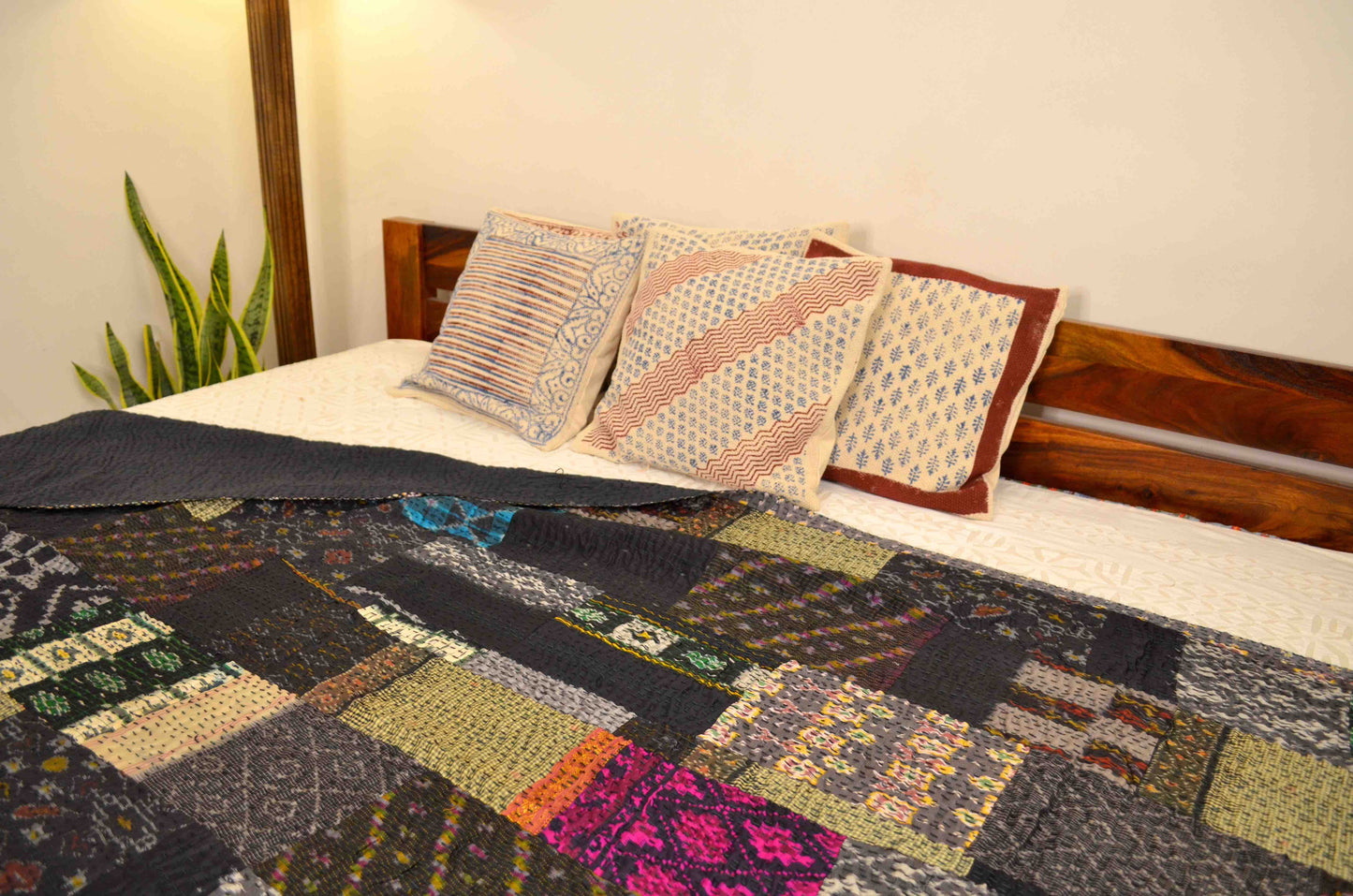 Black Patchwork Hand Embroidered Silk Bedspread - Nakhrro