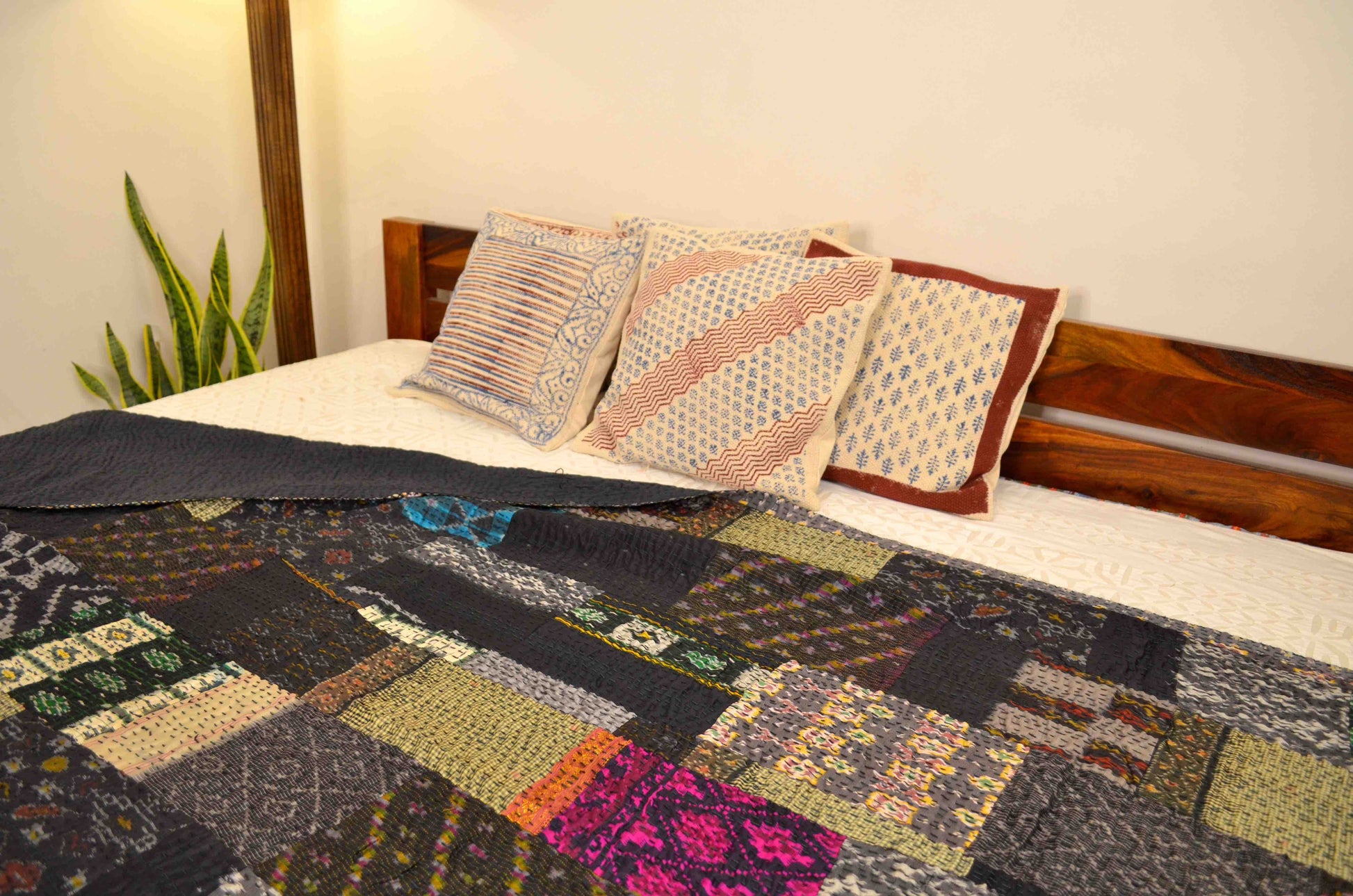 Black Patchwork Hand Embroidered Silk Bedspread - Nakhrro