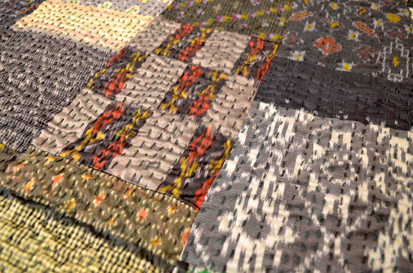 Black Patchwork Hand Embroidered Silk Bedspread - Nakhrro