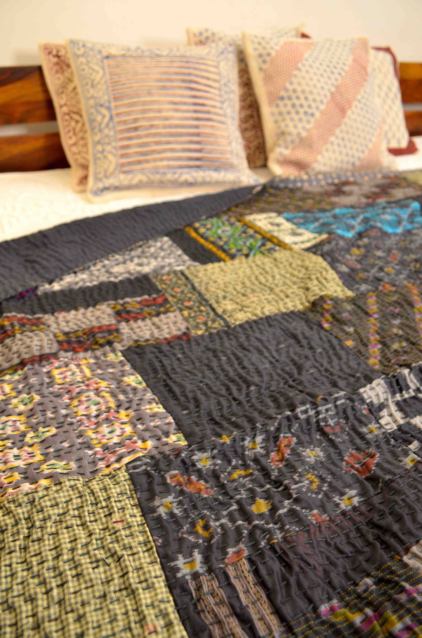 Black Patchwork Hand Embroidered Silk Bedspread - Nakhrro