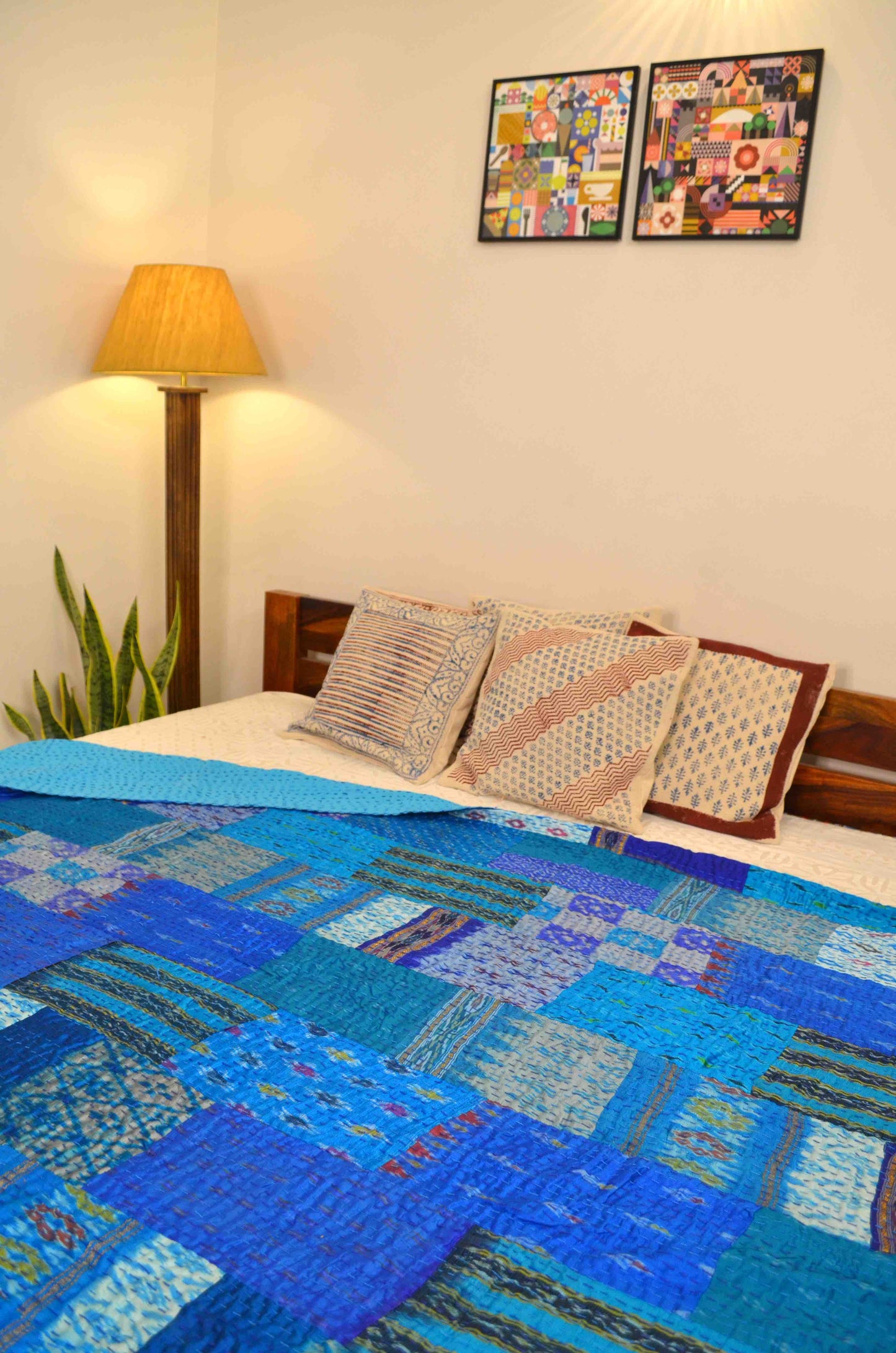 Turquoise Blue Patchwork Hand Embroidered Silk Bedspread - Nakhrro