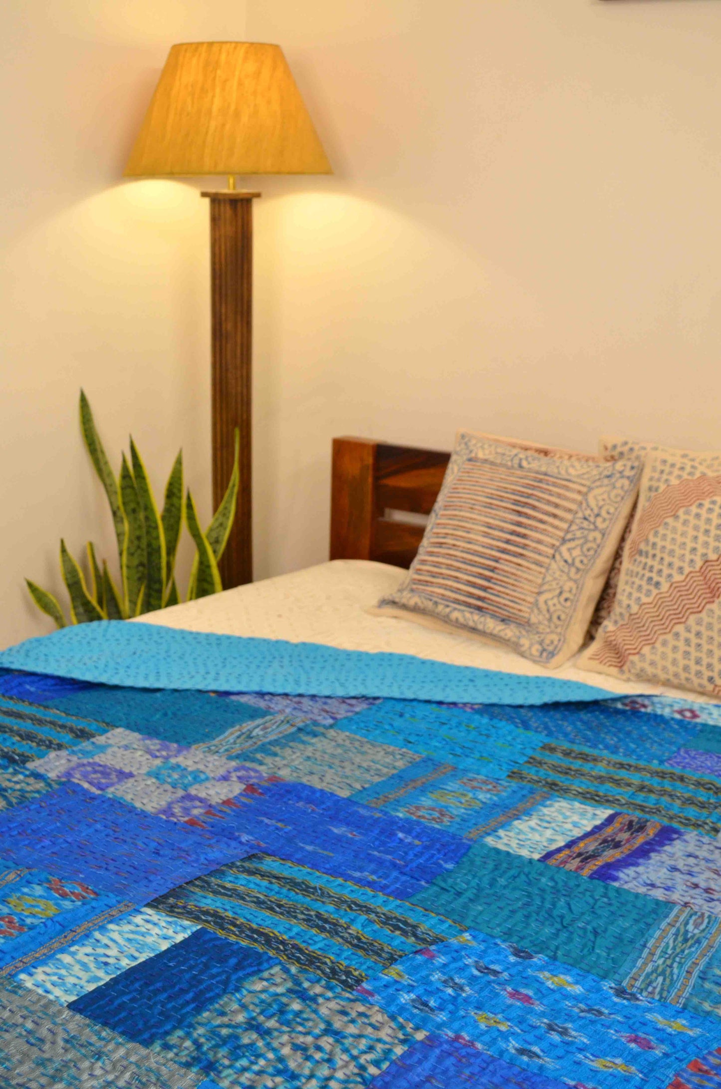 Turquoise Blue Patchwork Hand Embroidered Silk Bedspread - Nakhrro