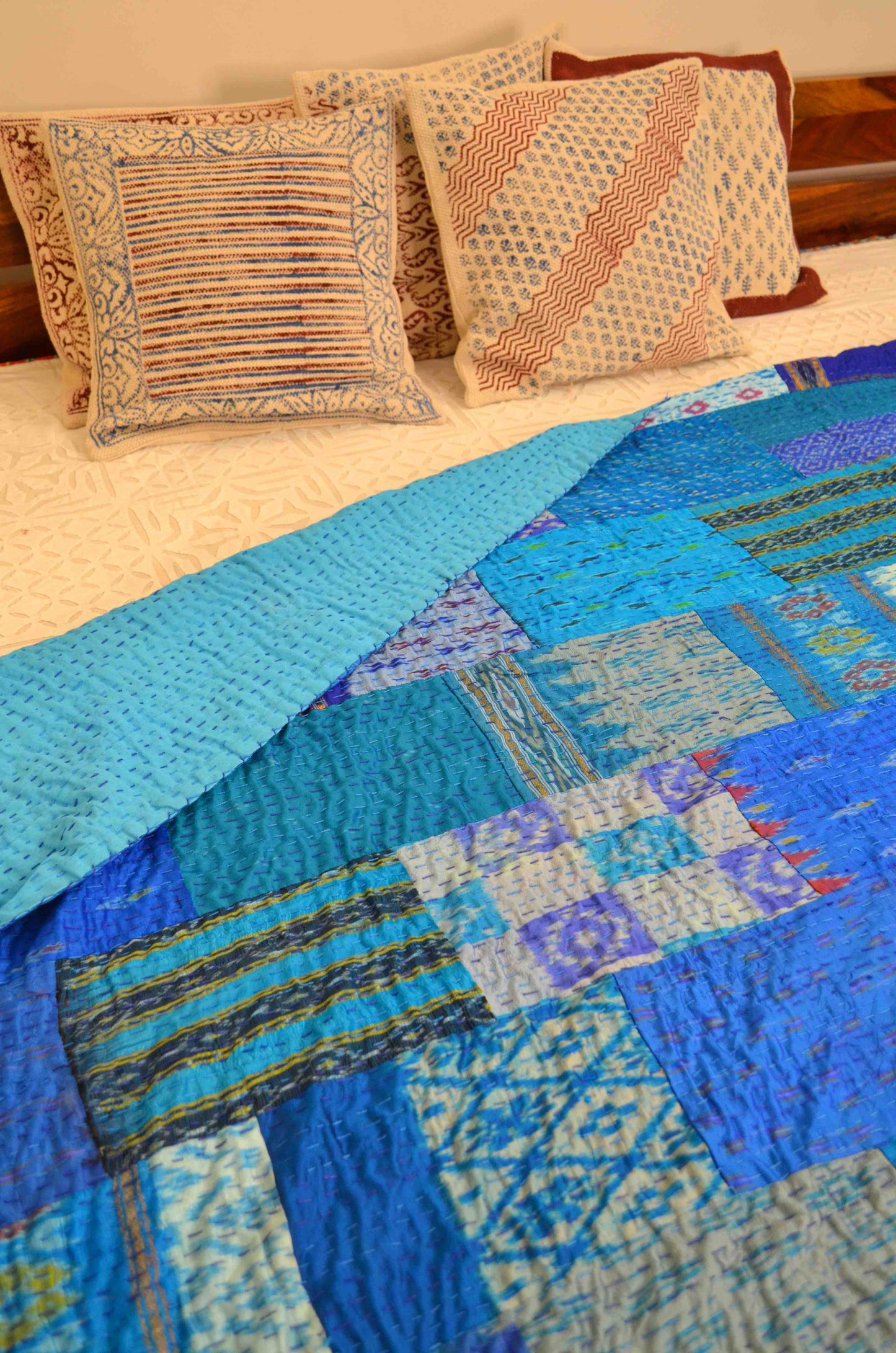 Turquoise Blue Patchwork Hand Embroidered Silk Bedspread - Nakhrro