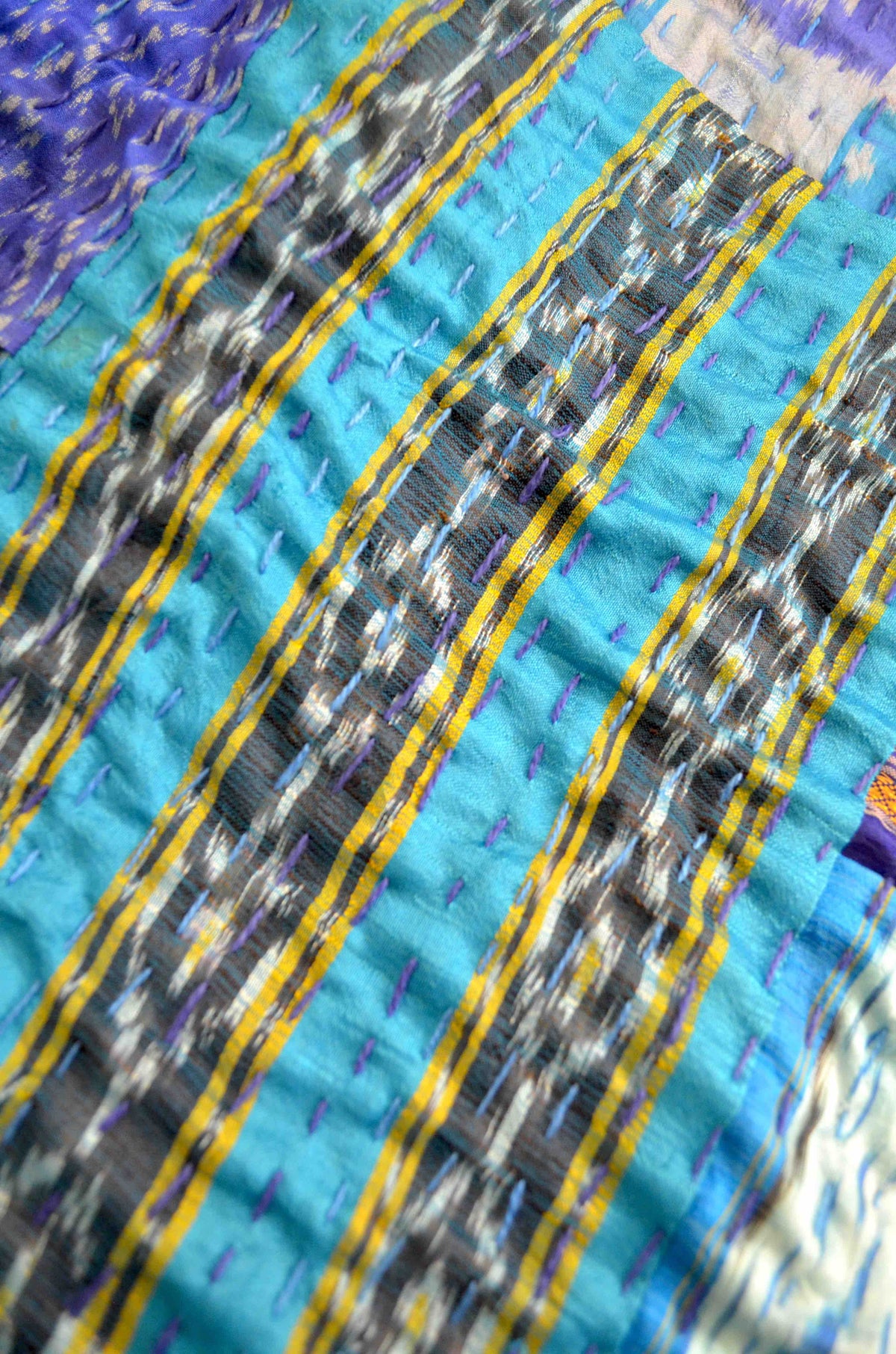 Turquoise Blue Patchwork Hand Embroidered Silk Bedspread - Nakhrro