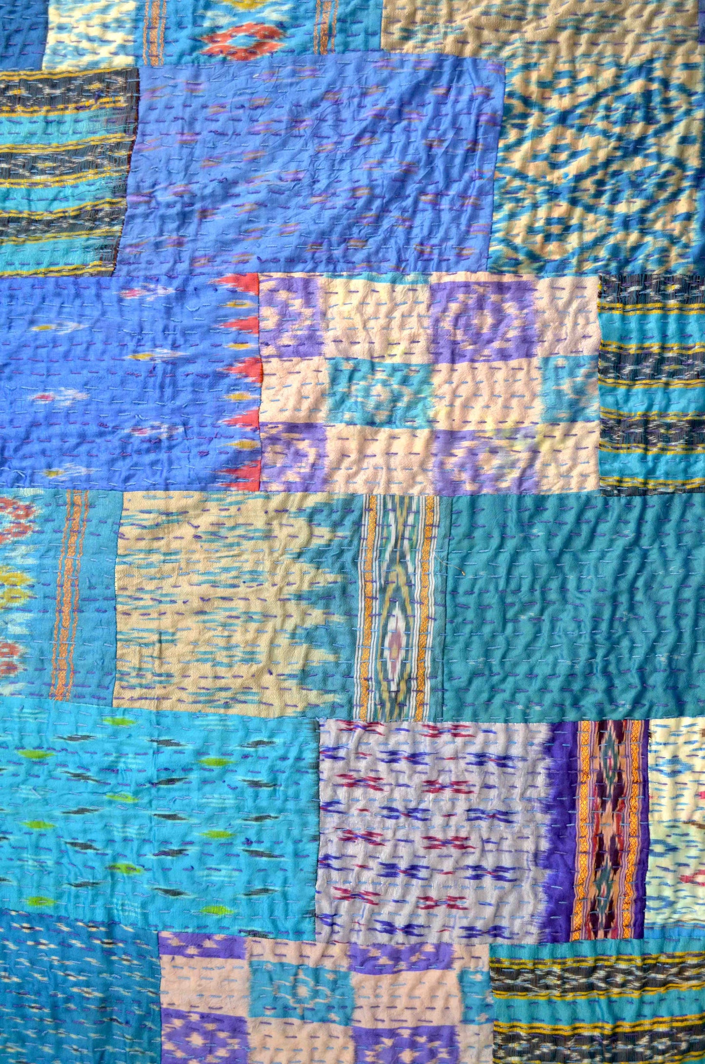 Turquoise Blue Patchwork Hand Embroidered Silk Bedspread - Nakhrro