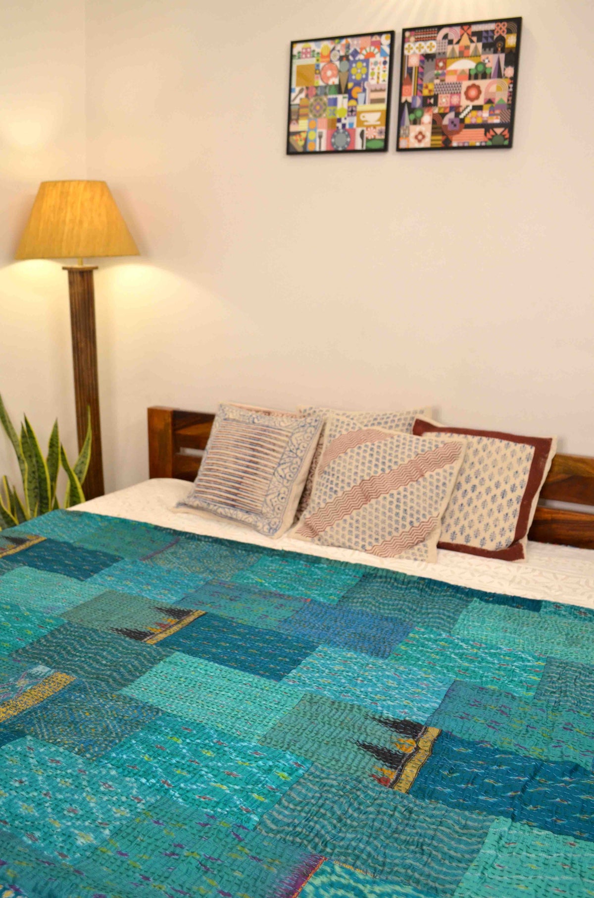 Shades Of Teal Patchwork Hand Embroidered Silk Bedspread - Nakhrro