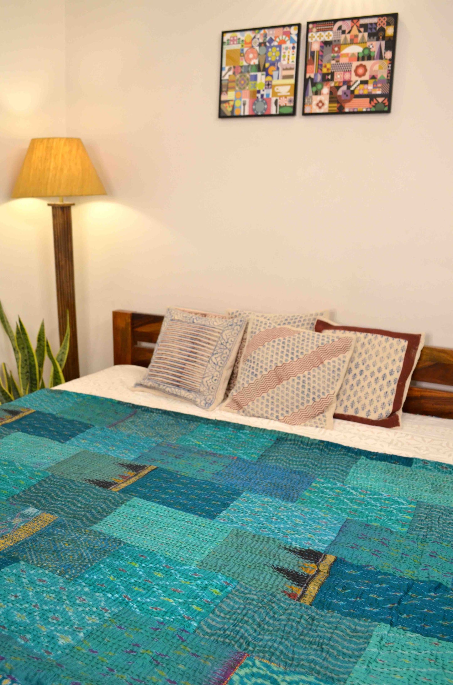 Shades Of Teal Patchwork Hand Embroidered Silk Bedspread - Nakhrro