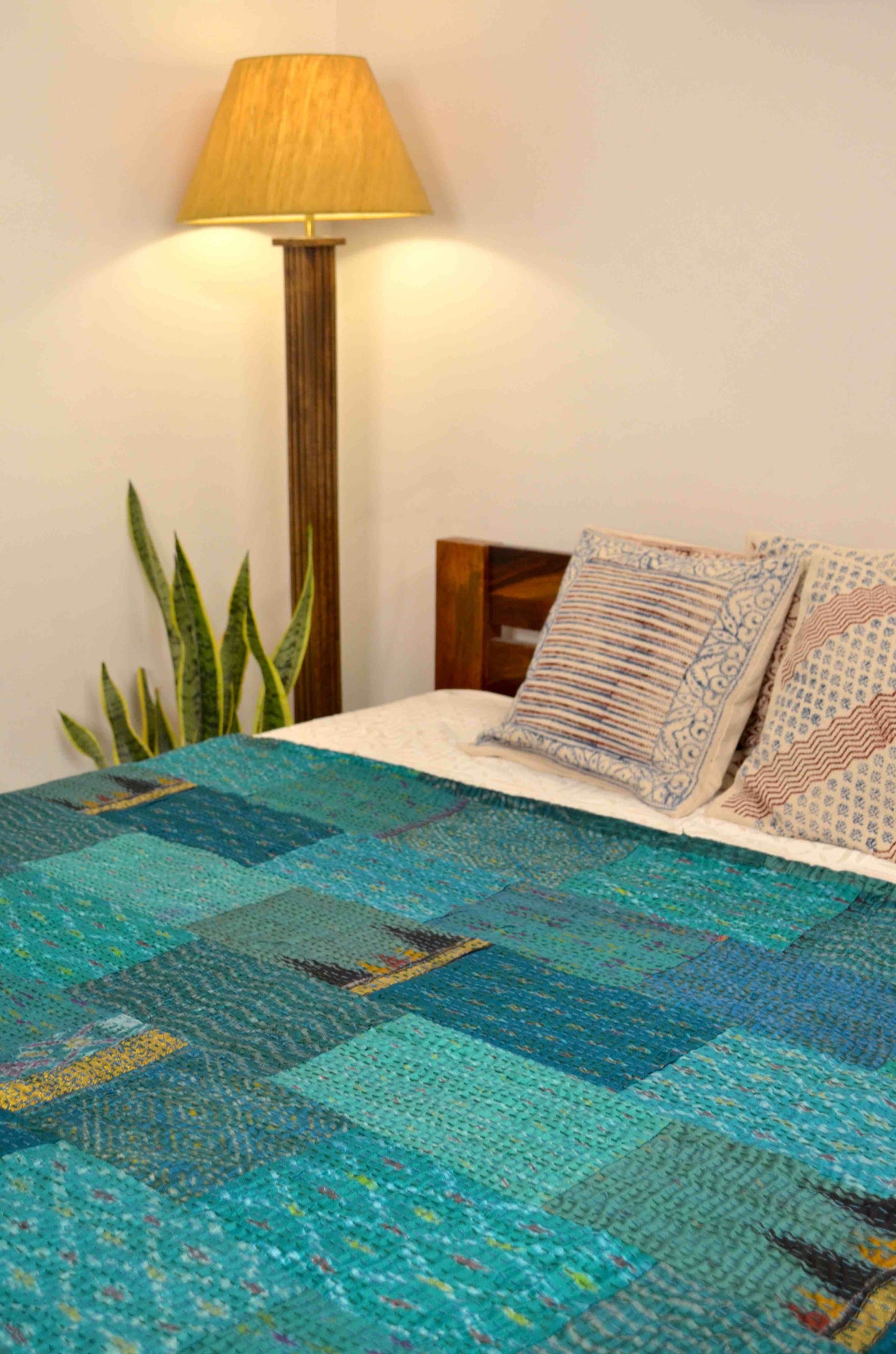 Shades Of Teal Patchwork Hand Embroidered Silk Bedspread - Nakhrro