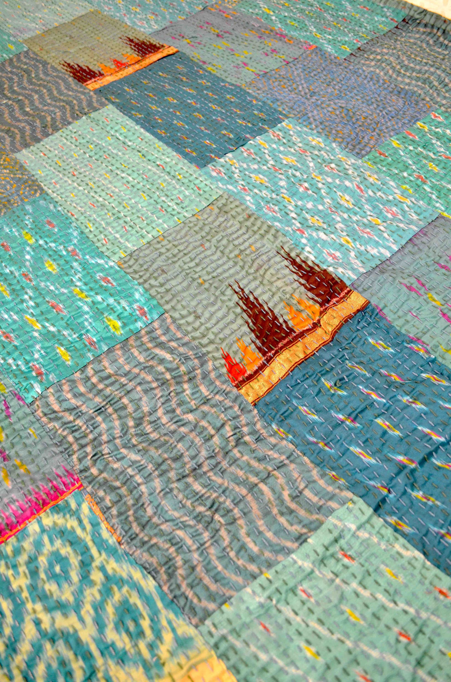 Shades Of Teal Patchwork Hand Embroidered Silk Bedspread - Nakhrro