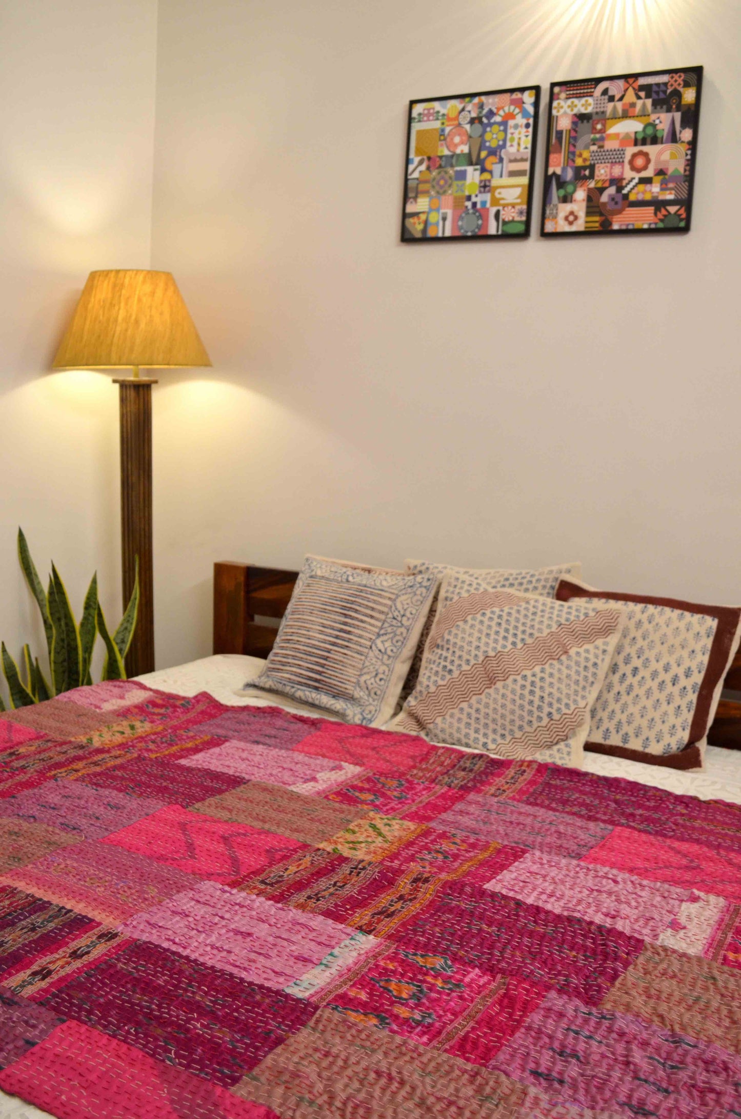 Shades Of Pink Patchwork Hand Embroidered Silk Bedspread - Nakhrro