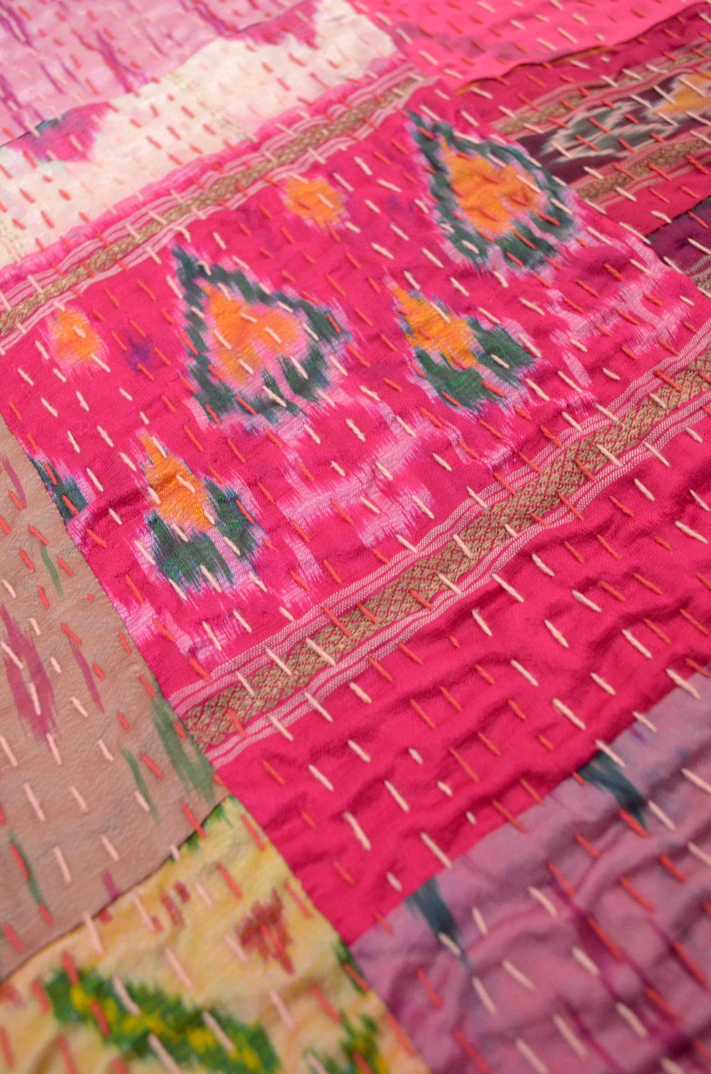 Shades Of Pink Patchwork Hand Embroidered Silk Bedspread - Nakhrro