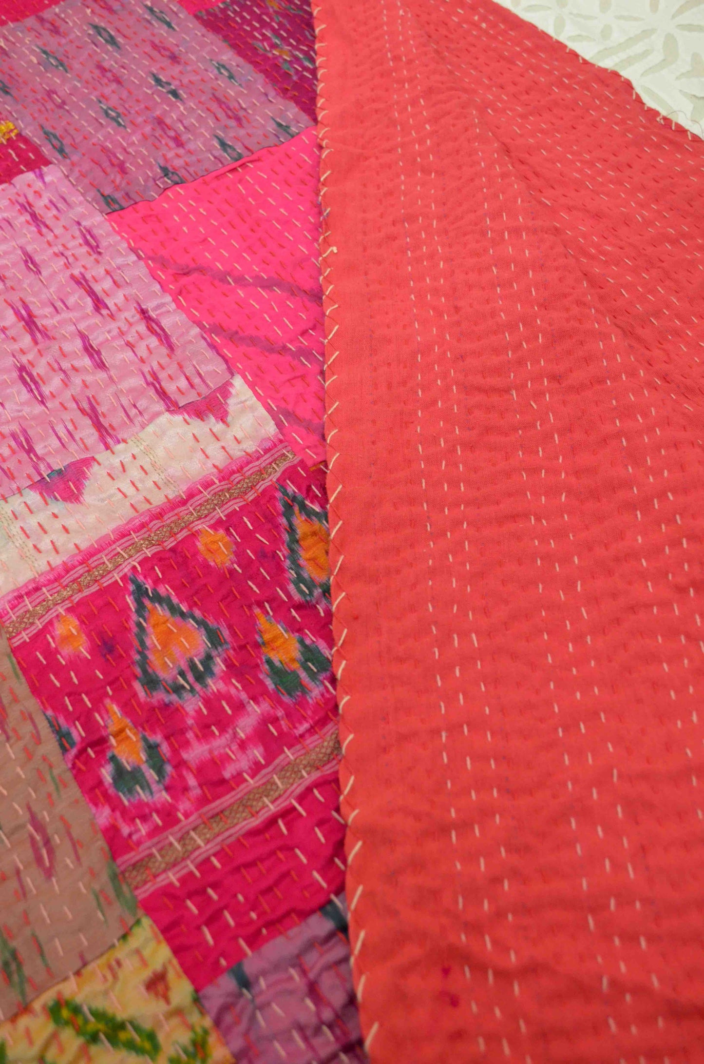 Shades Of Pink Patchwork Hand Embroidered Silk Bedspread - Nakhrro