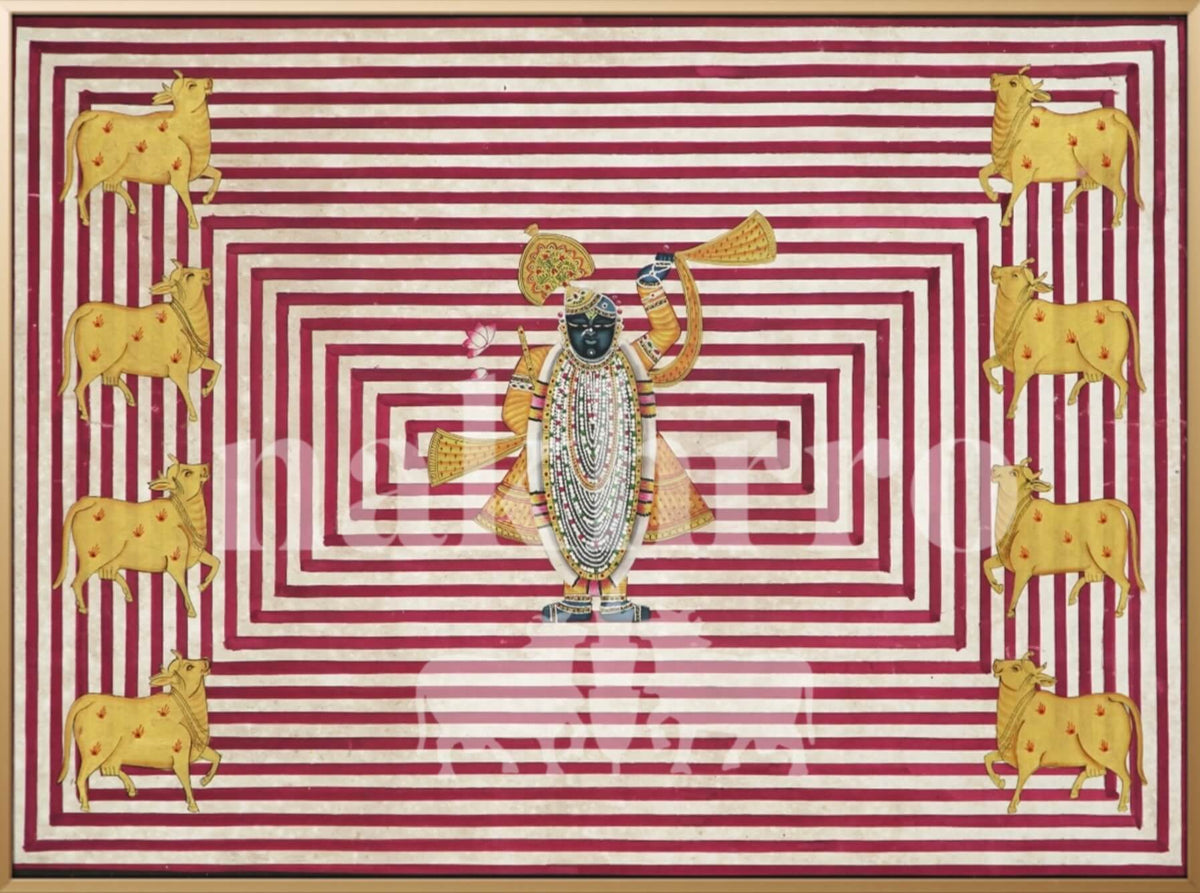 18x18 inch modern Shrinathji Pichwai with concentric red stripes and Kamdhenu cows, hand-painted on cotton cloth