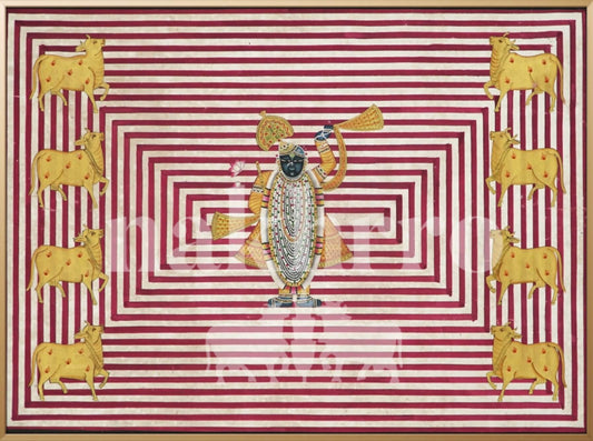 18x18 inch modern Shrinathji Pichwai with concentric red stripes and Kamdhenu cows, hand-painted on cotton cloth