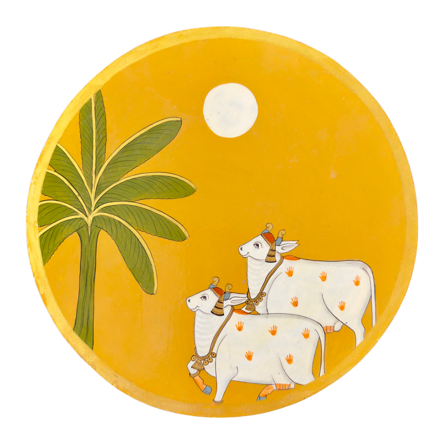 Yellow Kamdhenu Cow Hand Painted Wooden Wall Plate - Nakhrro