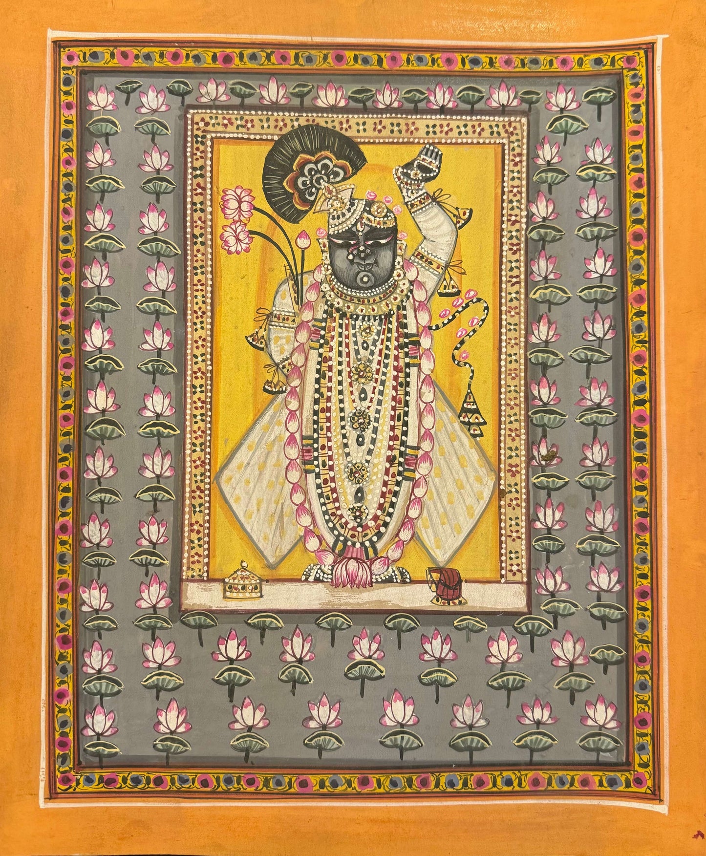 Shrinath Ji Around Lotus Pond Pichwai Contemporary Pichwai Antique Finish - Nakhrro