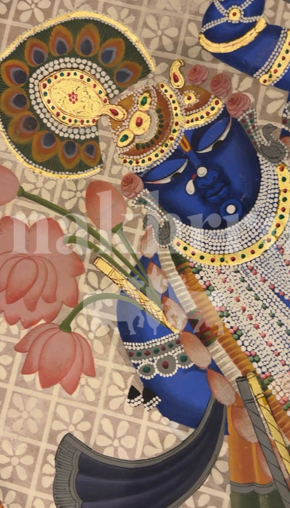 Shrinathji Shringar — Full Figure Pichwai with Lotus & Pearl Garlands - Nakhrro