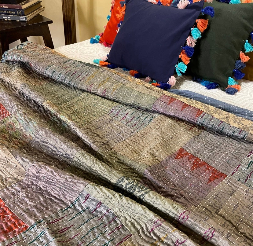 Shades Of Grey Patchwork Hand Embroidered Silk Bedspread - Nakhrro