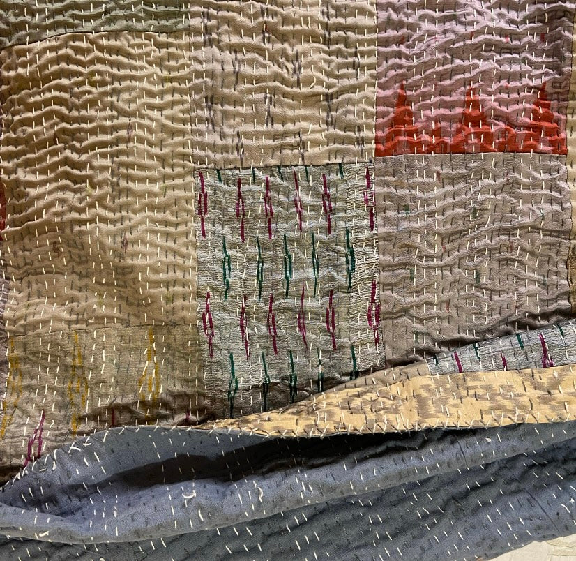 Shades Of Grey Patchwork Hand Embroidered Silk Bedspread - Nakhrro