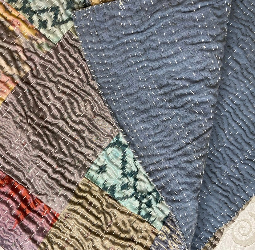 Shades Of Grey Patchwork Hand Embroidered Silk Bedspread - Nakhrro