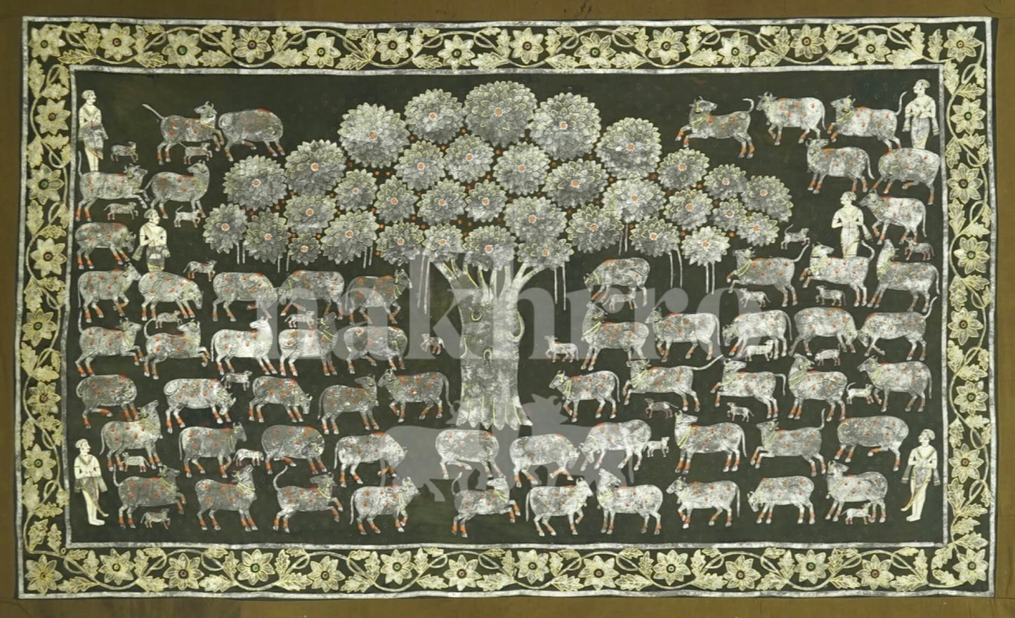 Kamdhenu Under Kalpavriksha (tree of life) Archival Pichwai Art Print