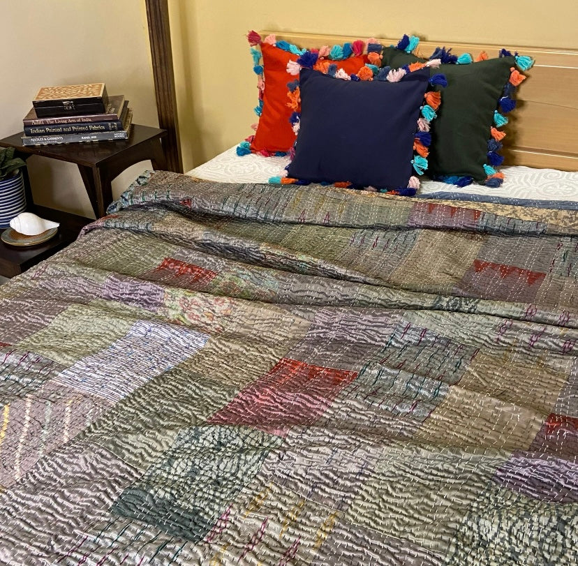 Shades Of Grey Patchwork Hand Embroidered Silk Bedspread - Nakhrro