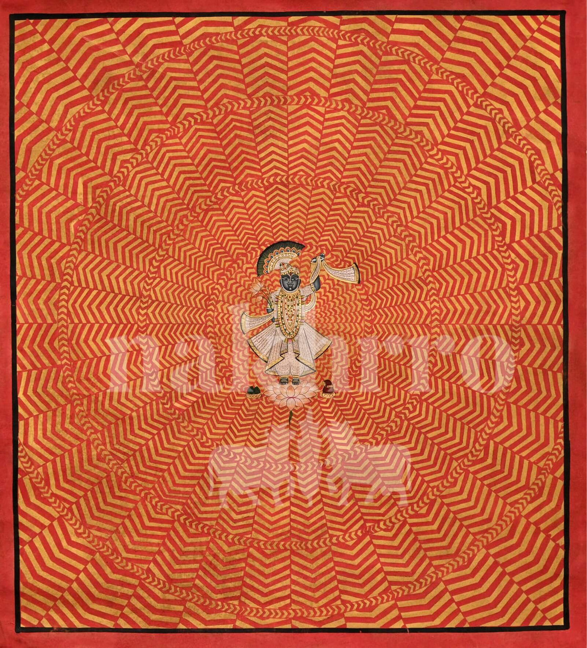 Shreenathji in a red geometric composition, 2 by 2 feet hand-painted original on cloth