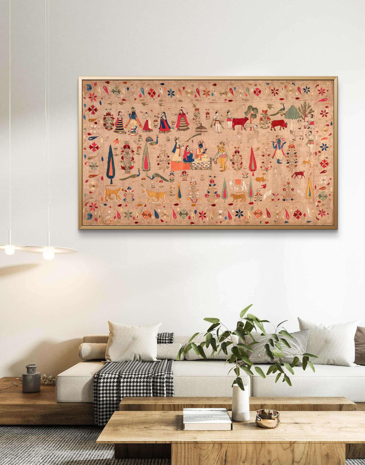 Krishna with Gopis, Ram Darbar, Cows & Mughal Florals — Vintage Embroidered Indian Art Print - Nakhrro