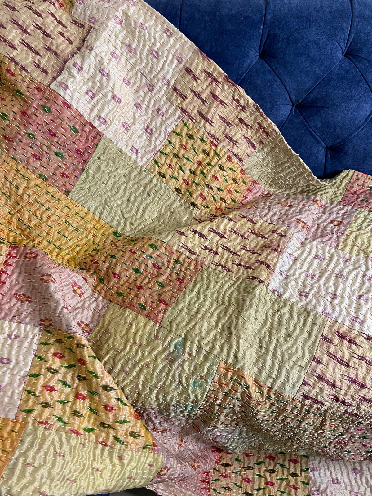 Cream Patchwork Hand Embroidered Silk Bedspread - Nakhrro