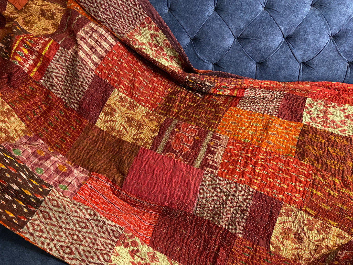 Maroon Silk Patchwork Hand Embroidered Bedspread - Nakhrro