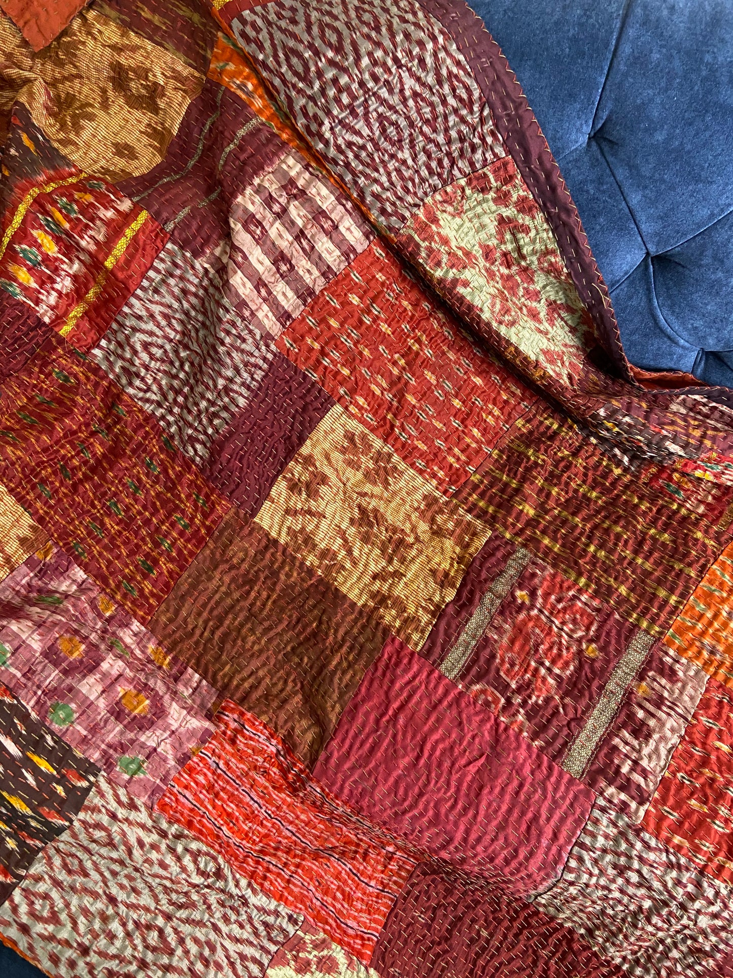 Maroon Silk Patchwork Hand Embroidered Bedspread - Nakhrro