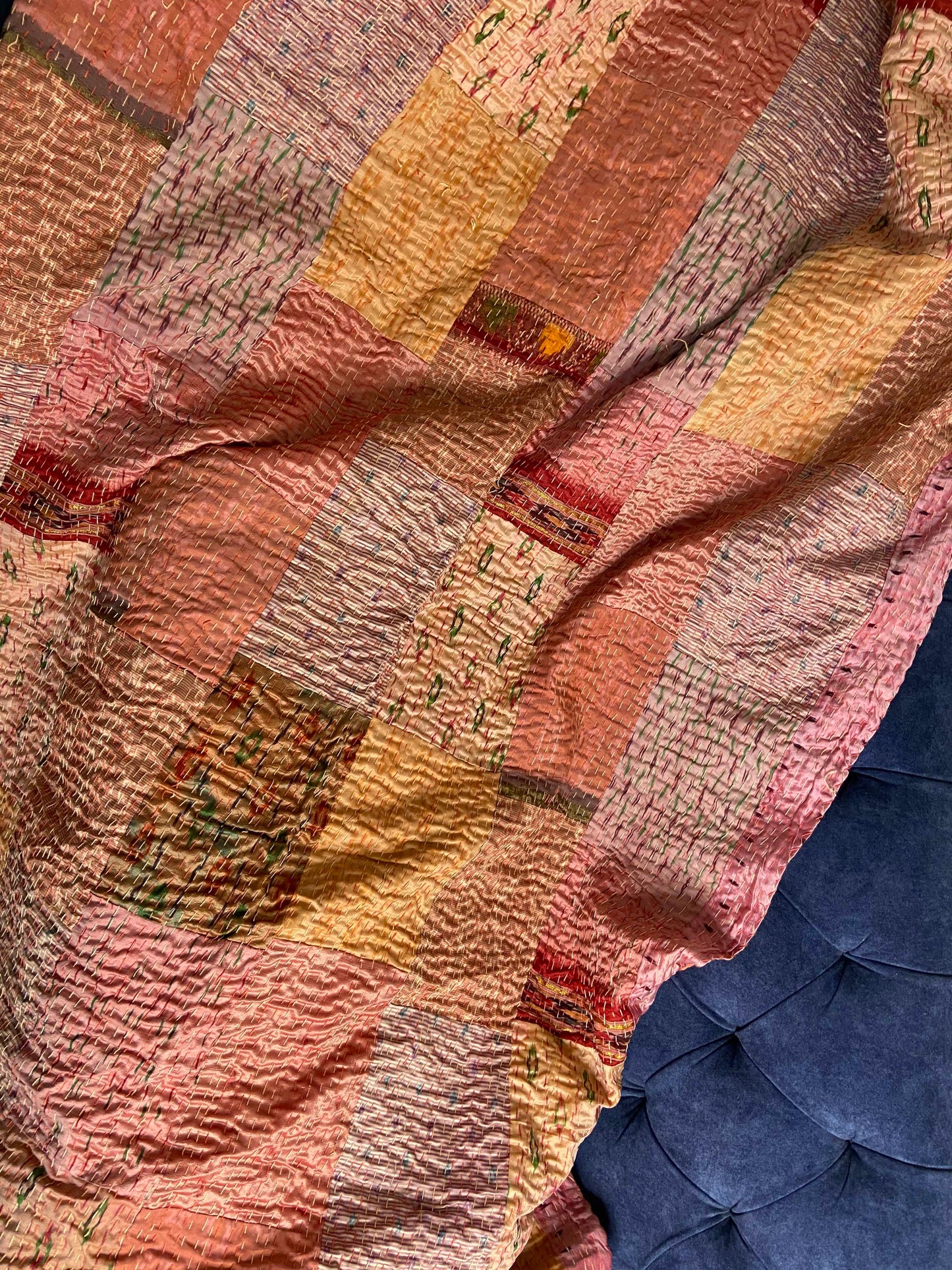 Salmon Pink Patchwork Hand Embroidered Silk Bedspread - Nakhrro
