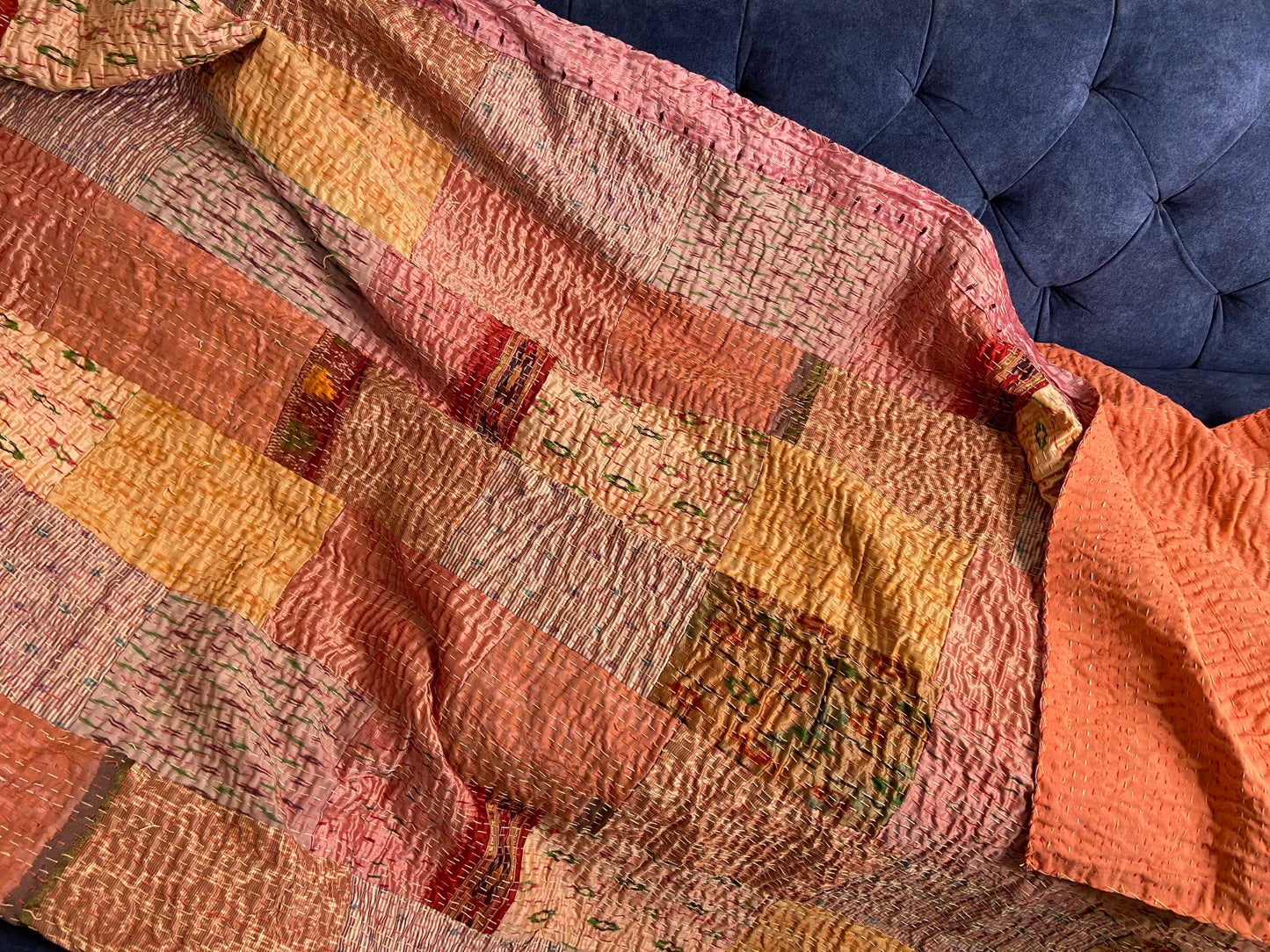 Salmon Pink Patchwork Hand Embroidered Silk Bedspread - Nakhrro