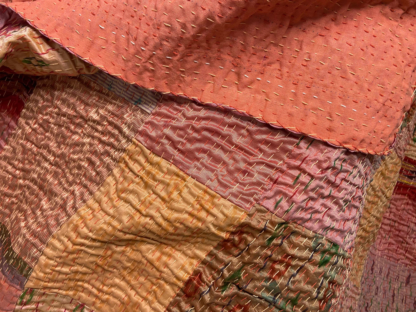 Salmon Pink Patchwork Hand Embroidered Silk Bedspread - Nakhrro