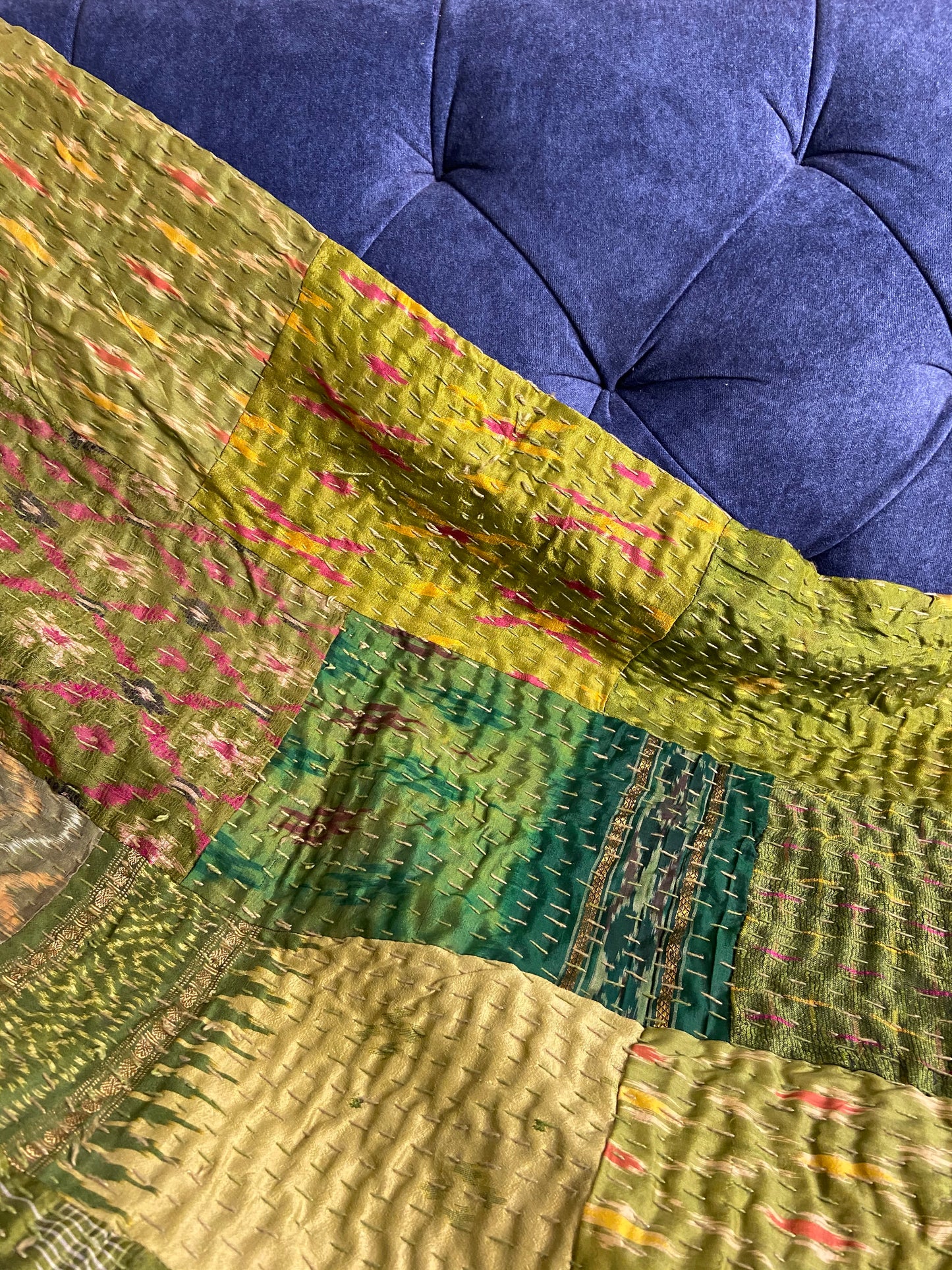 Emerald Green Silk Patchwork Hand Embroidered Bedspread - Nakhrro
