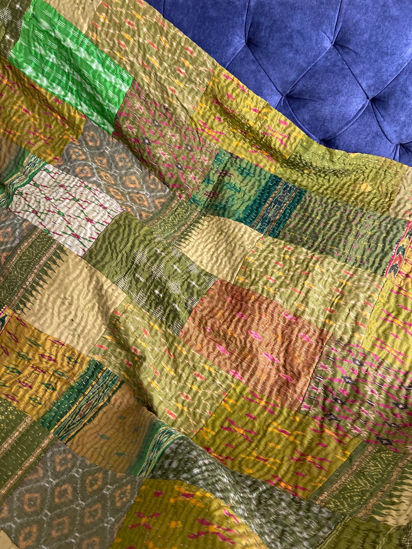 Emerald Green Silk Patchwork Hand Embroidered Bedspread - Nakhrro