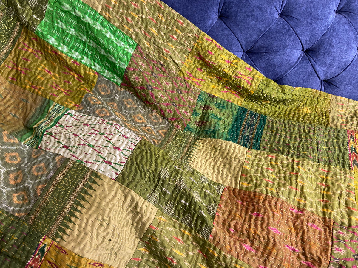 Emerald Green Silk Patchwork Hand Embroidered Bedspread - Nakhrro