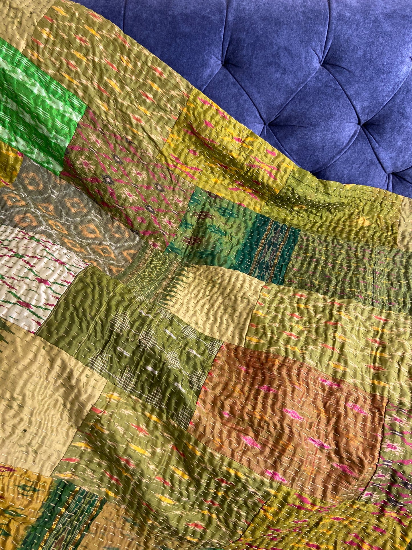 Emerald Green Silk Patchwork Hand Embroidered Bedspread - Nakhrro