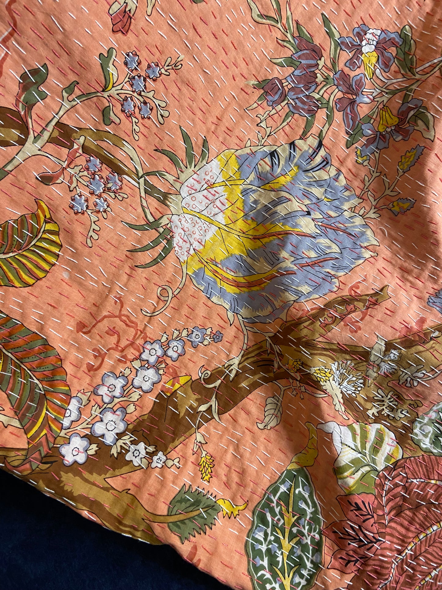 Peach Floral Embroidered King Size Kantha Bedspread - Nakhrro