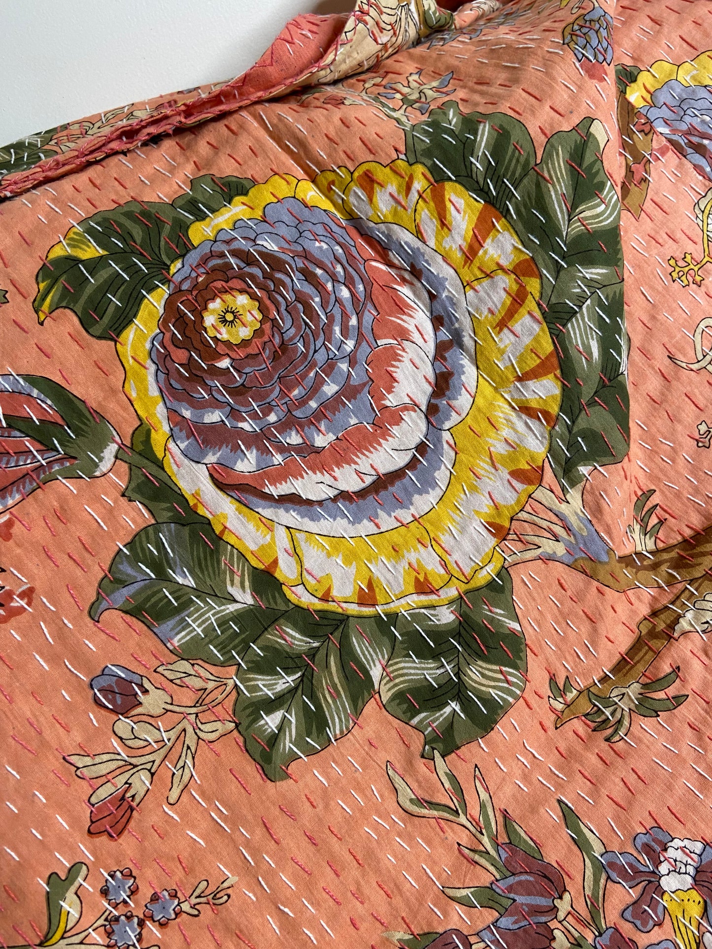 Peach Floral Embroidered King Size Kantha Bedspread - Nakhrro