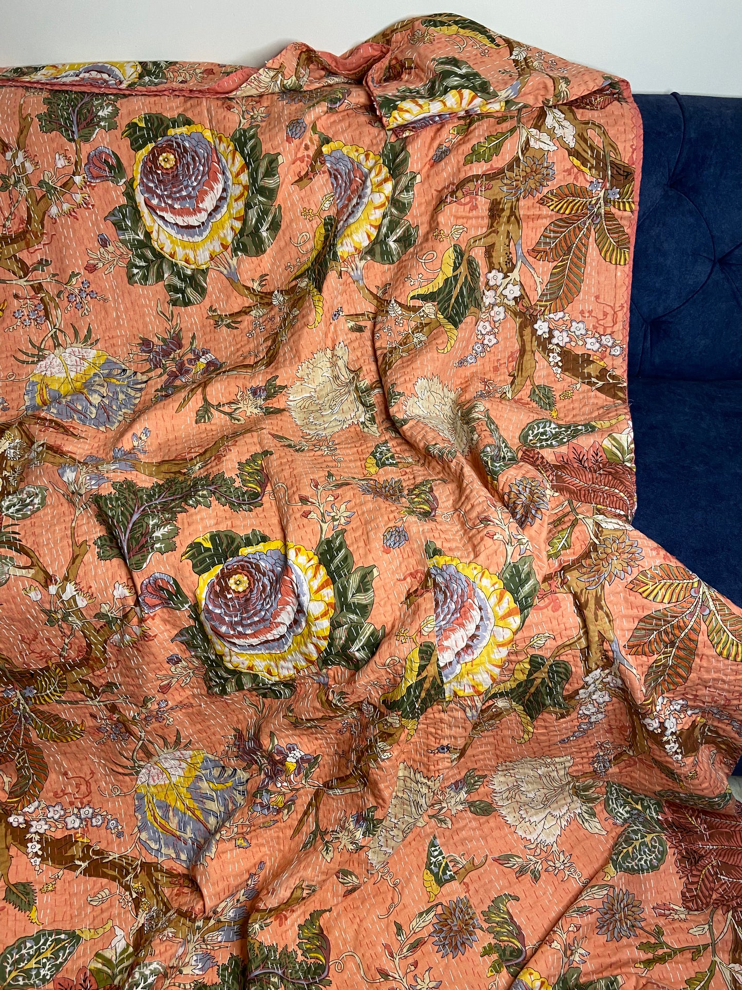 Peach Floral Embroidered King Size Kantha Bedspread - Nakhrro