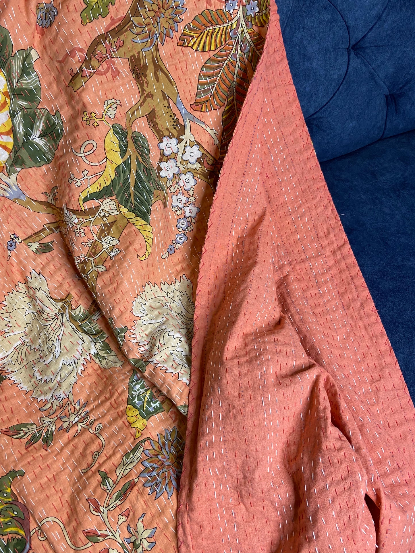 Peach Floral Embroidered King Size Kantha Bedspread - Nakhrro