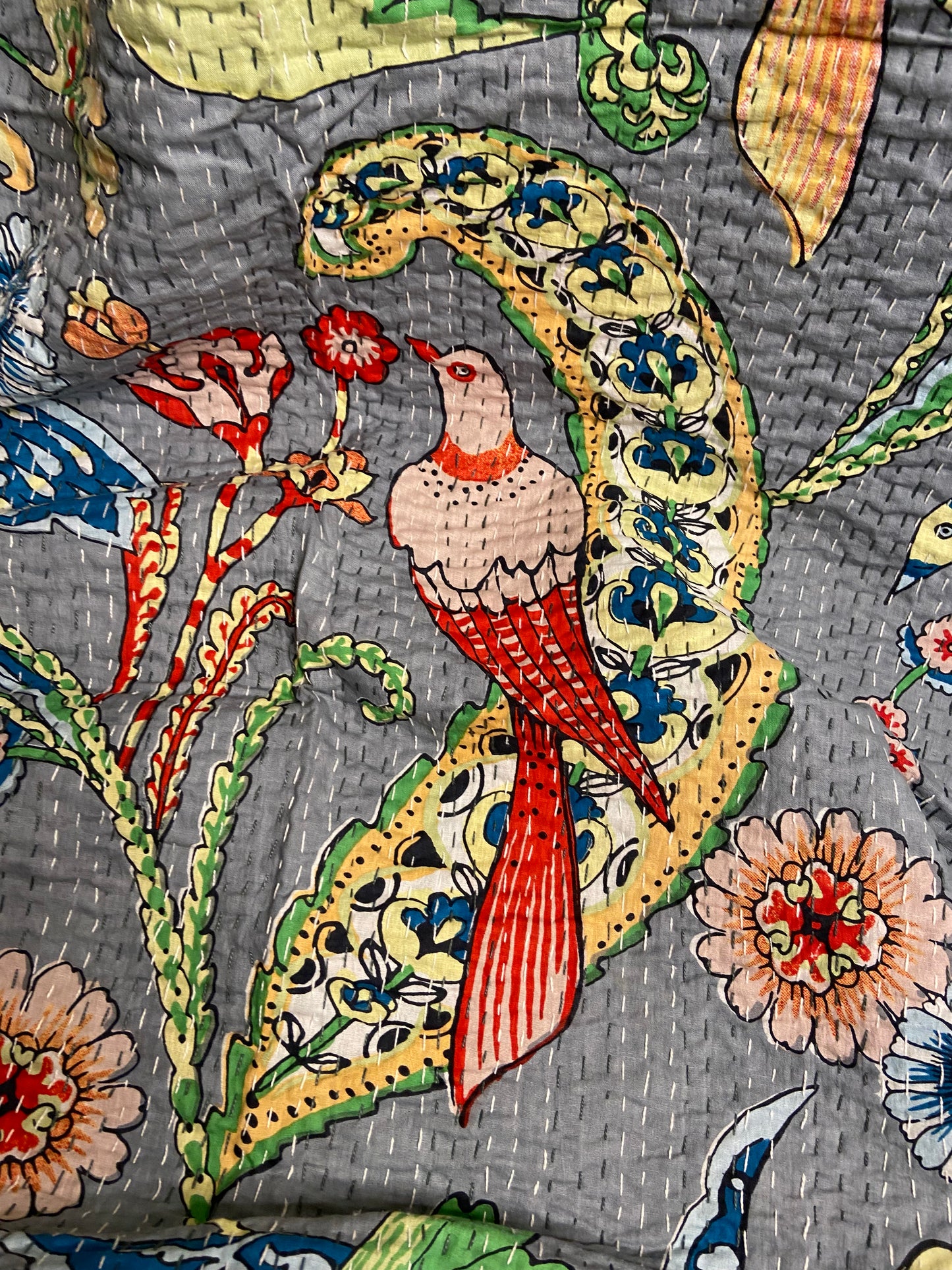 Grey Peacock Embroidered King Size Kantha Bedspread - Nakhrro