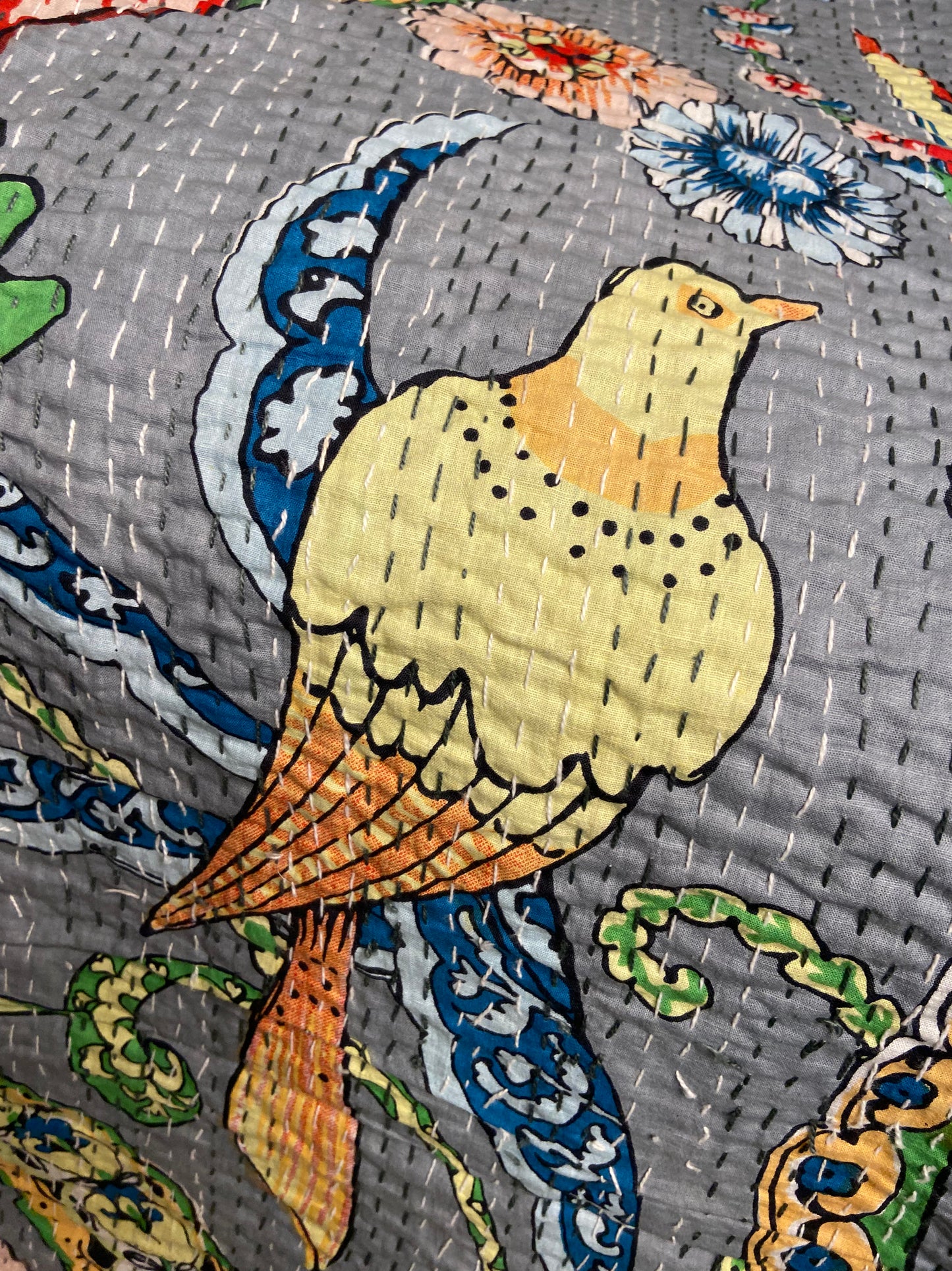 Grey Peacock Embroidered King Size Kantha Bedspread - Nakhrro