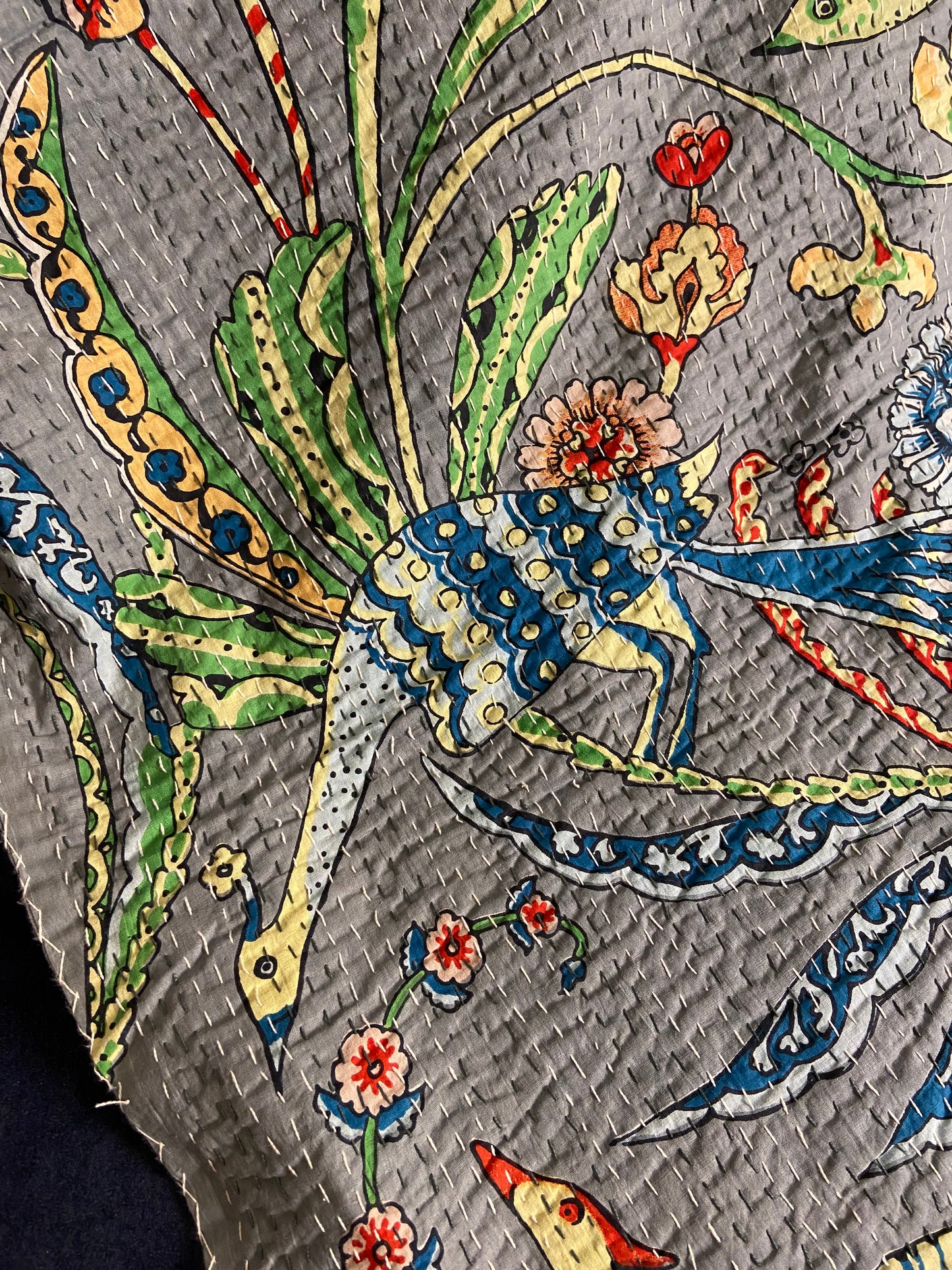 Grey Peacock Embroidered King Size Kantha Bedspread - Nakhrro