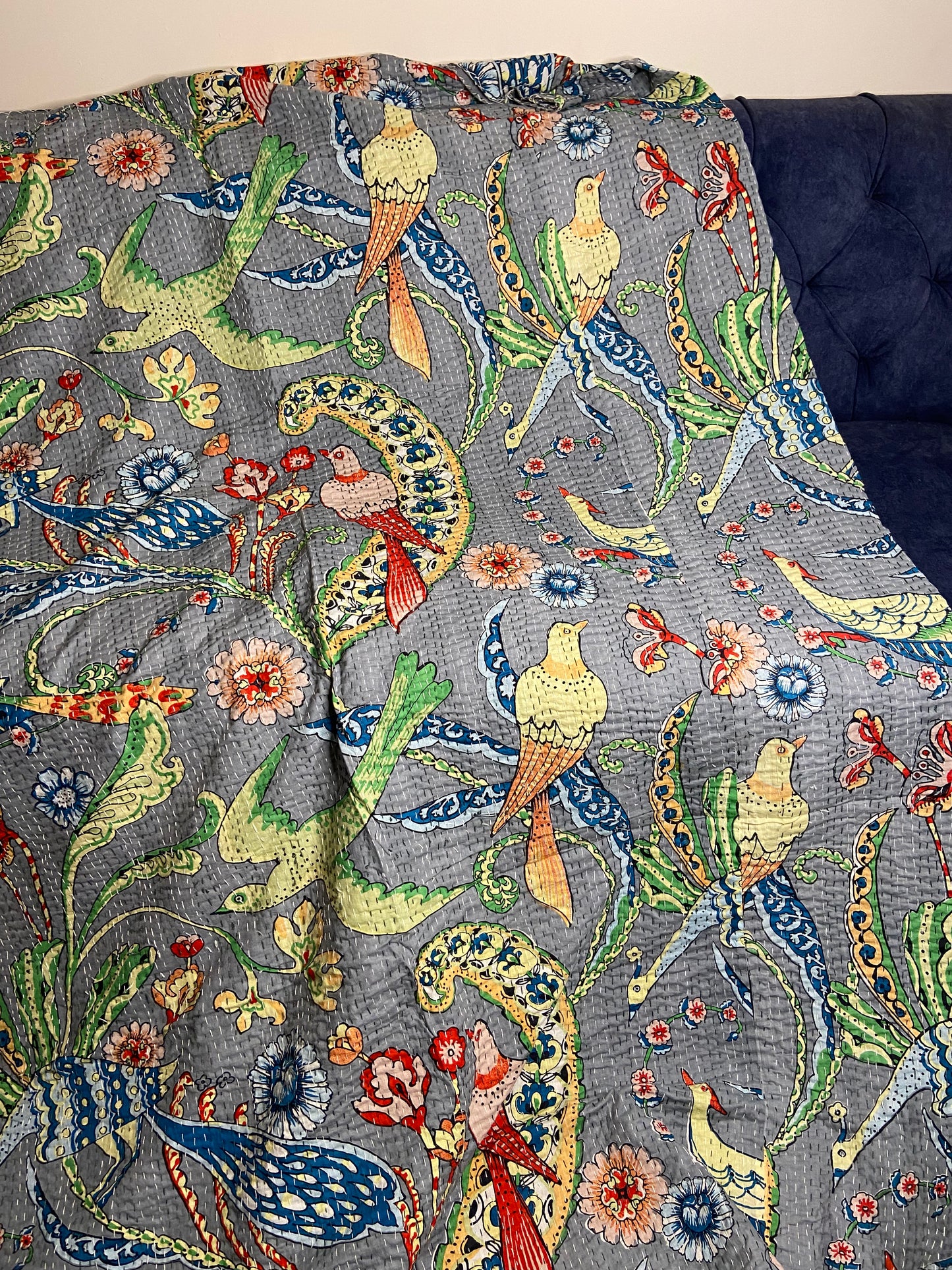 Grey Peacock Embroidered King Size Kantha Bedspread - Nakhrro